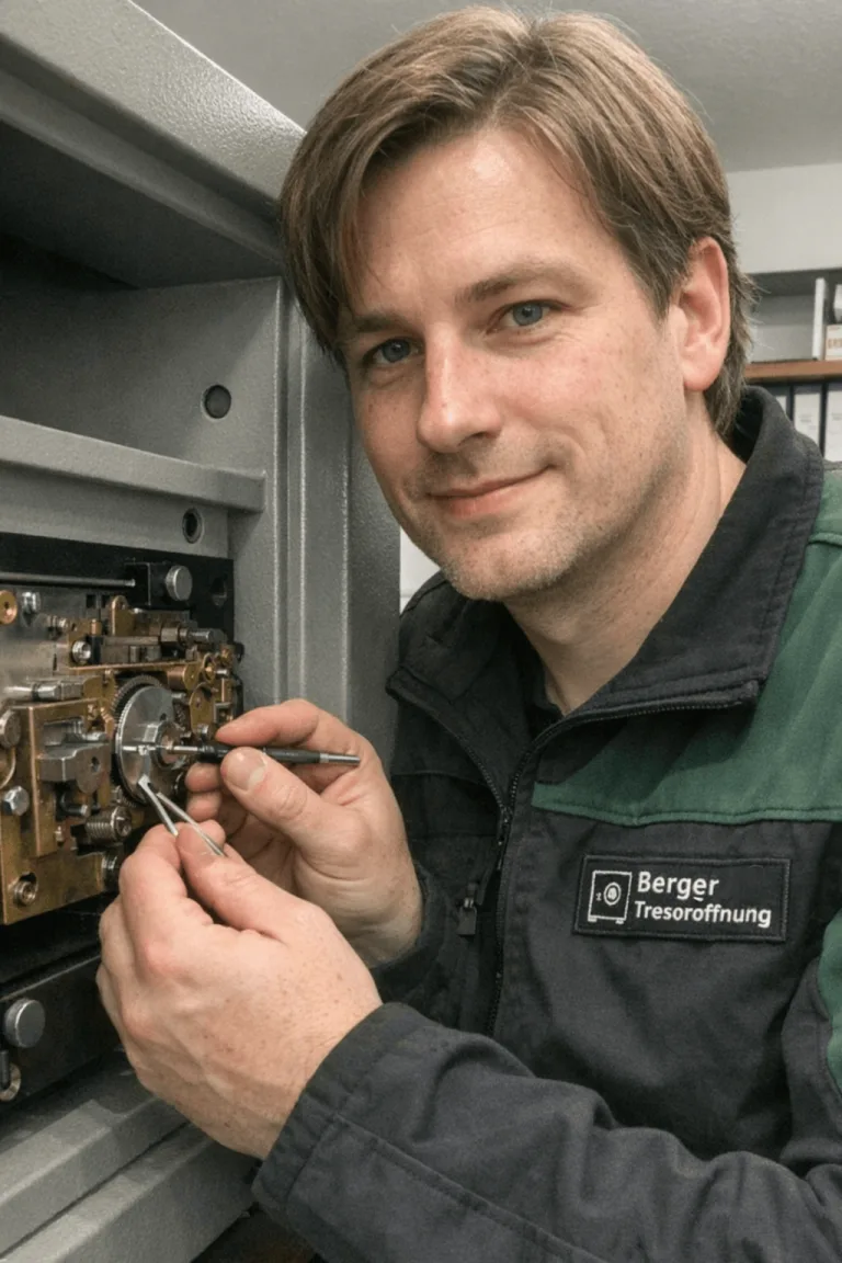 Tobias Berger, zertifizierter Tresortechniker, bei der Arbeit an einem Wertschutzschrank.